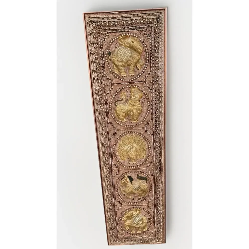 Vtg Burmese Thai Kalaga Tapestry Wall Art Elephant Peacock Lion Beaded 54” Large - Picture 3 of 16